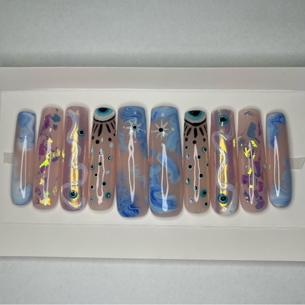 Nude and blue evil eye reusable press-on nails XL square straight